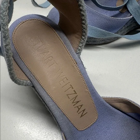 Stuart Weitzman Espadrille Wedges Heels Lace Up Ankle Strap Canvas Blue Size 6.5 - Picture 11 of 14